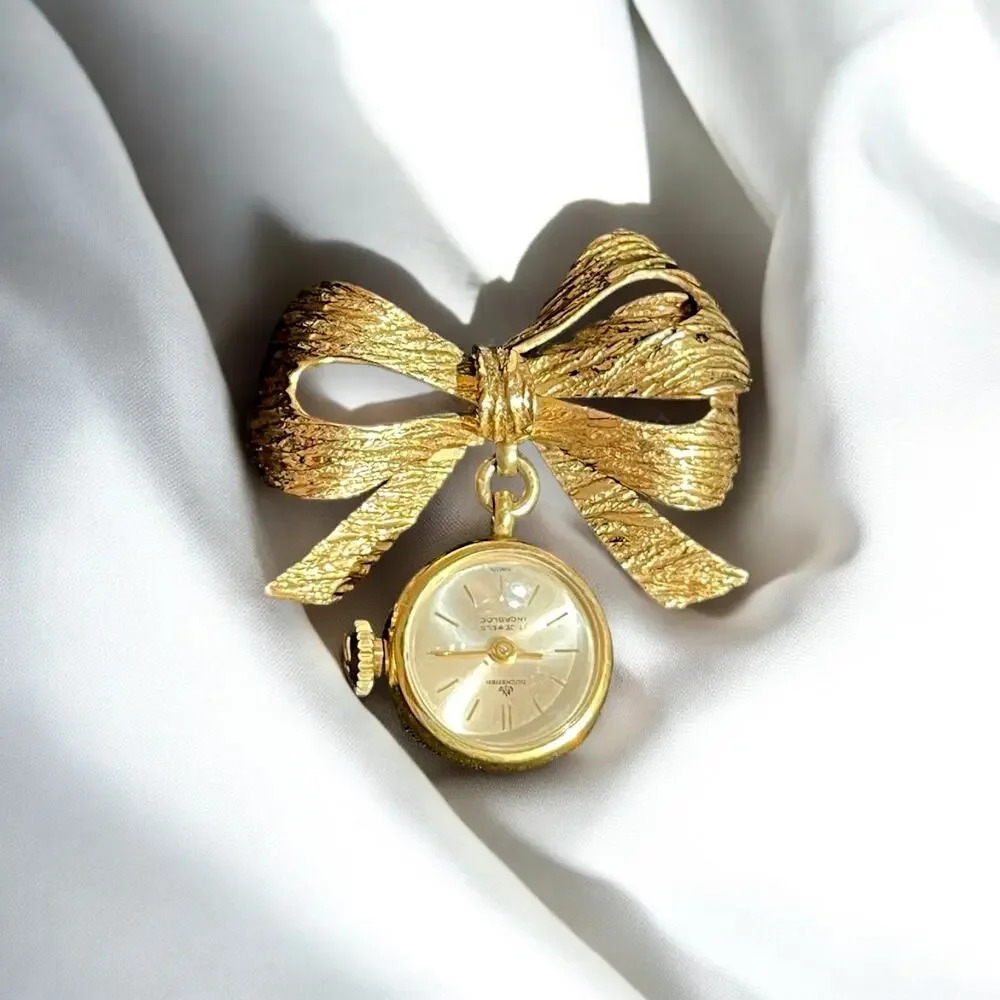 Vntg 1950s Bucherer Swiss Made Gold Bow Pendant Watch Pin